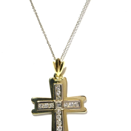 Diamond Cross Pendant Necklace with Princess Rounds