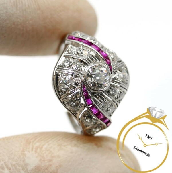 Antique-Diamond-Ruby-Platinum-Art-Deco-Ring-VS-Clarity-with-Video-Size-8-133081610215