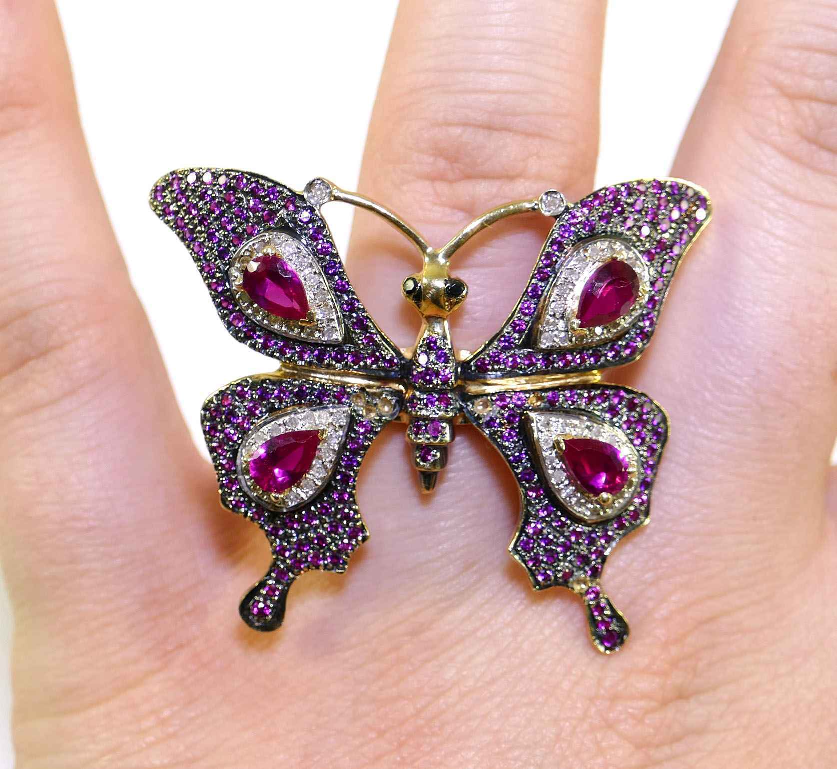 Vintage Butterfly 14k Yellow Gold Diamond And Rubellite Ring 