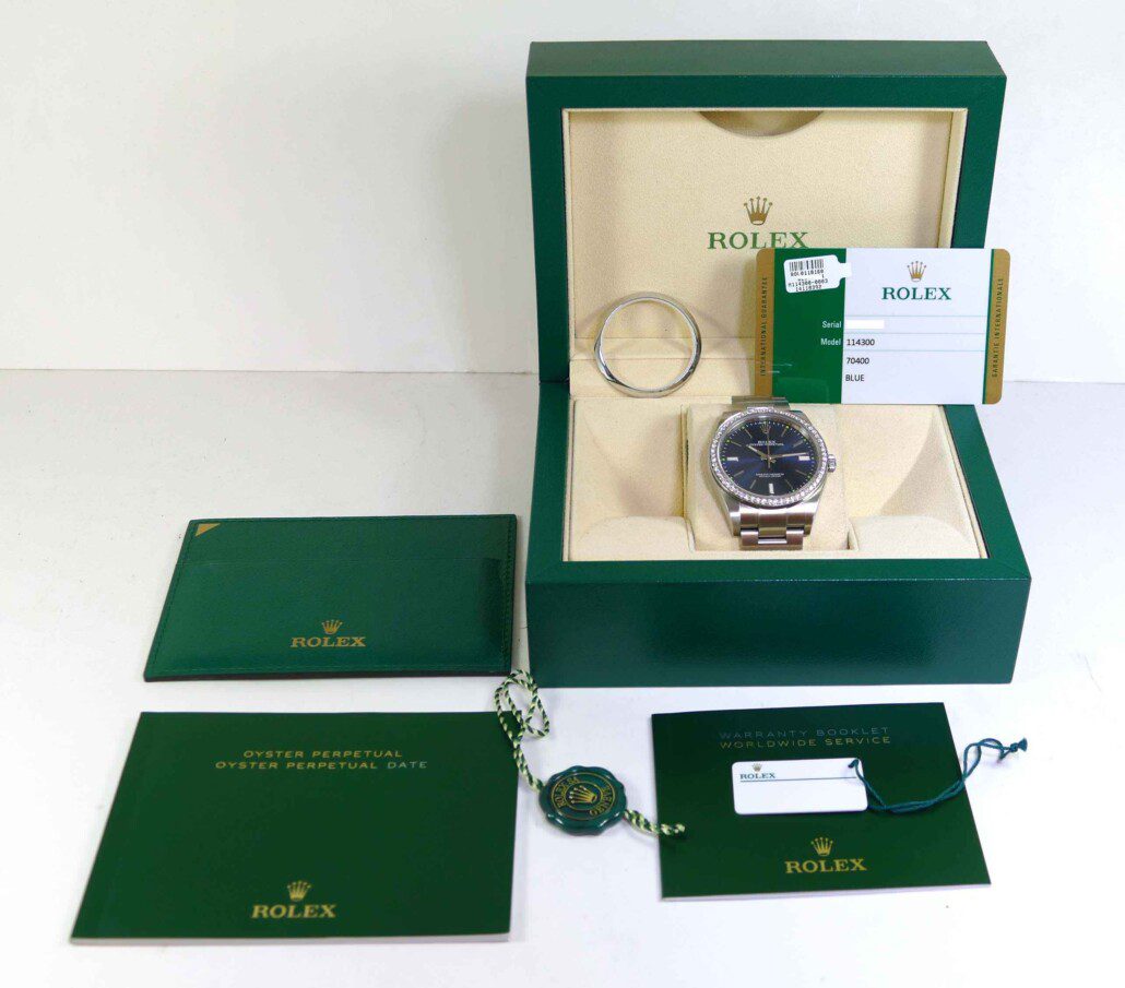 2019 Rolex Oyster Perpetual 114300 39mm Blue Dial Diamond Bezel Box Papers