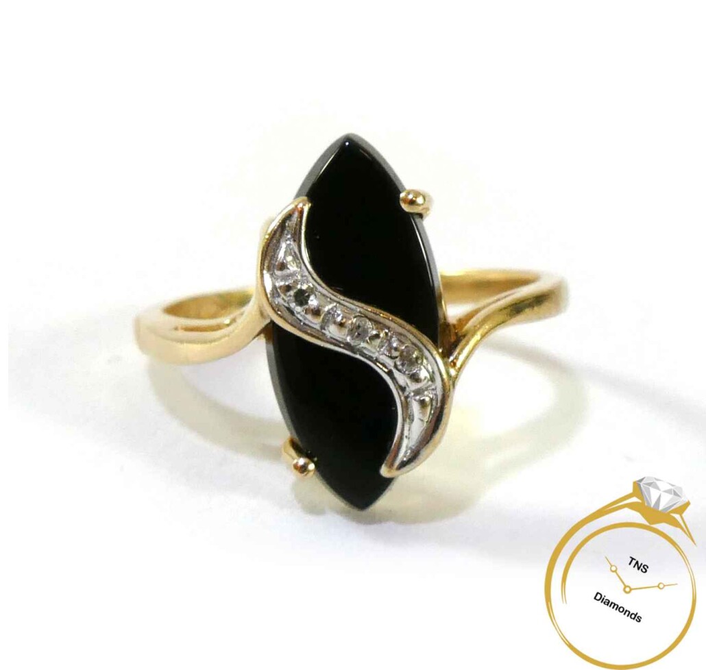 Black Onyx Marquise Diamond 10k Yellow Gold Statement Ring Tns