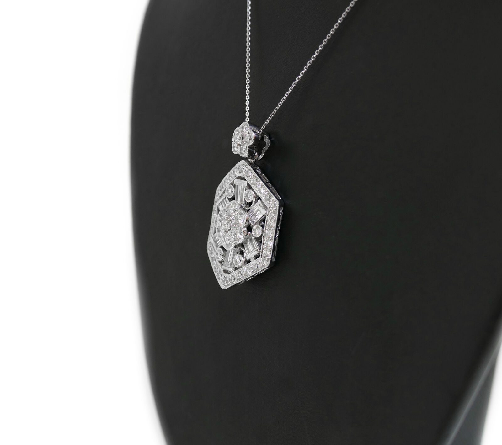 1.75ct Diamond Baguette Flower Cluster 18k White Gold Pendant Necklace ...