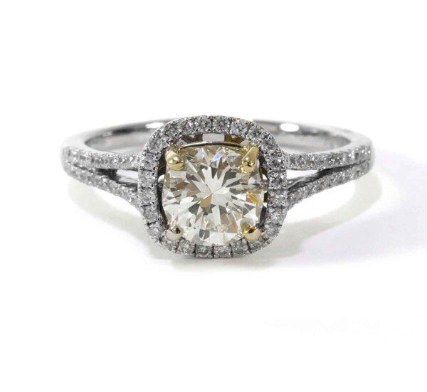 Round Diamond Halo Engagement Ring, .90 Carat Center, 14K White Gold