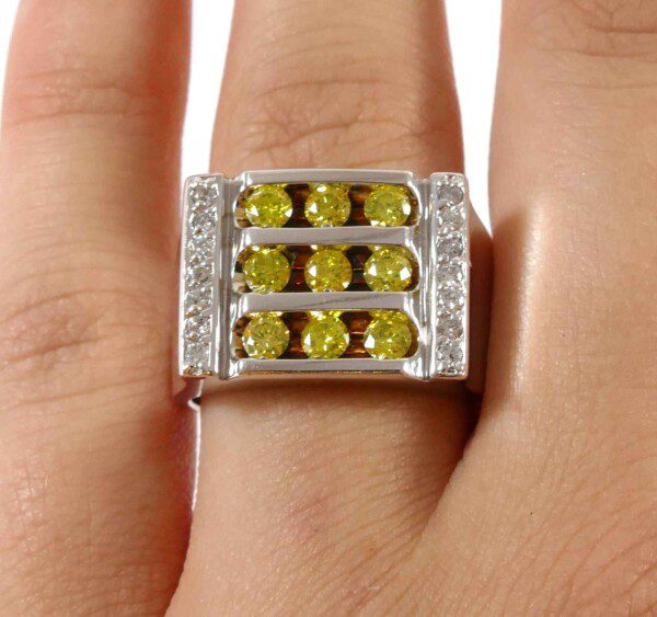 Men s Canary Yellow White Diamond 14k White Gold Ring