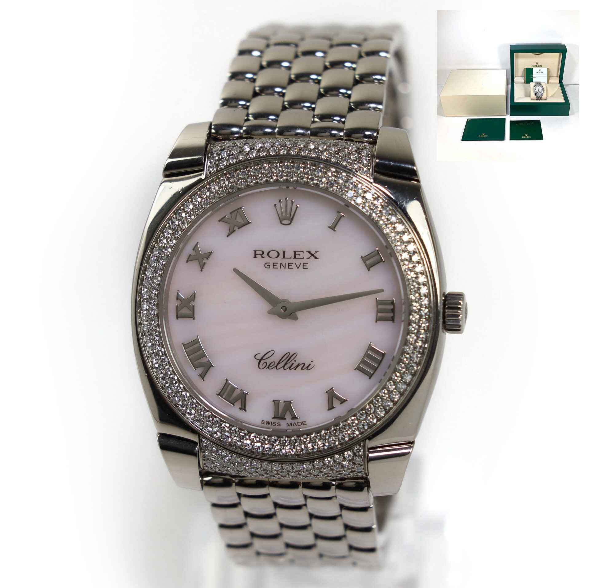 Ladies Rolex Cellini 6321 32mm Quartz 18k WG Factory Pink MOP Diamonds | TNS Diamonds Philadelphia