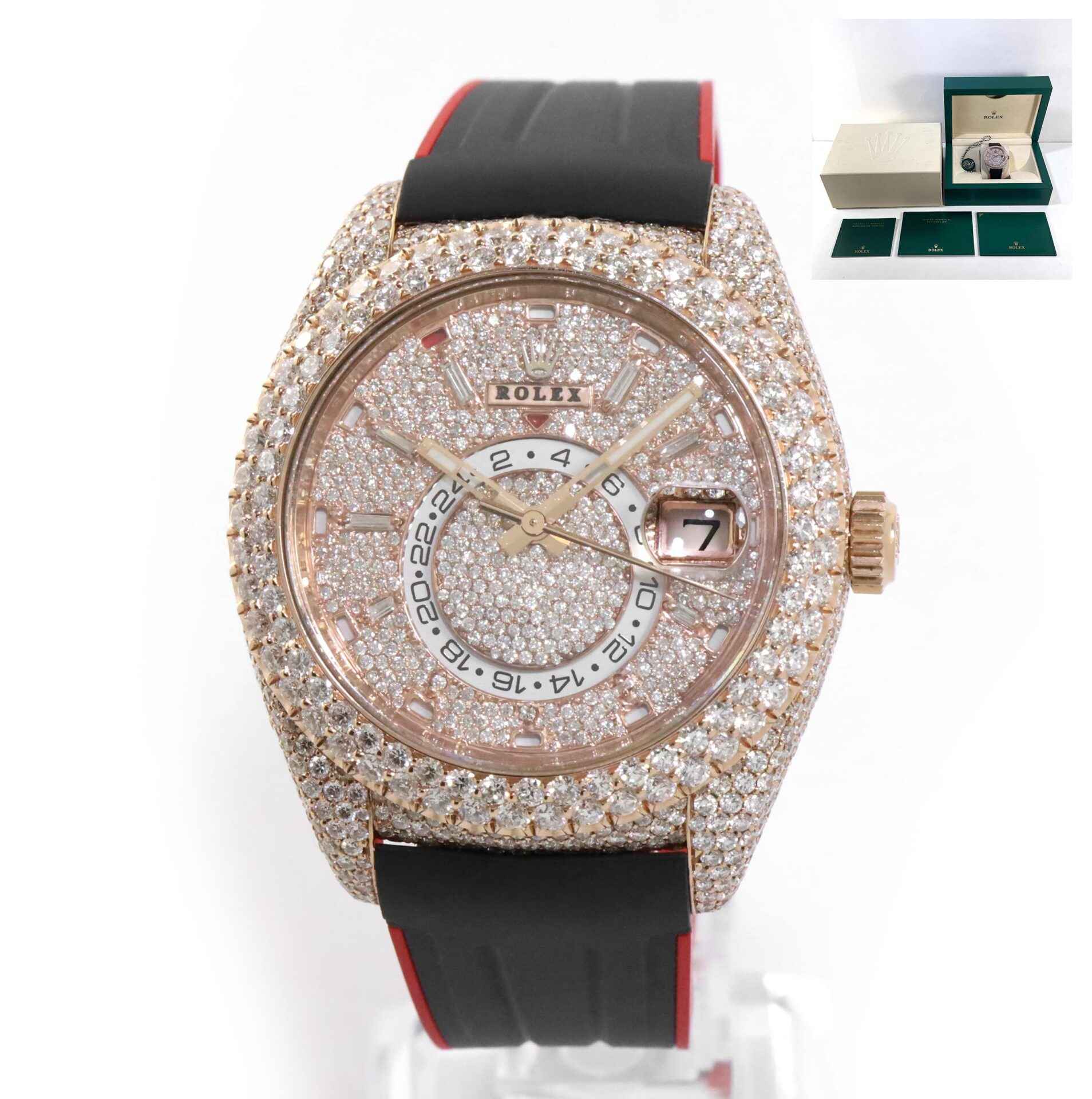 Rolex Sky Dweller 18k Rose Gold 326135 42mm Iced Out Flower Set Diamonds