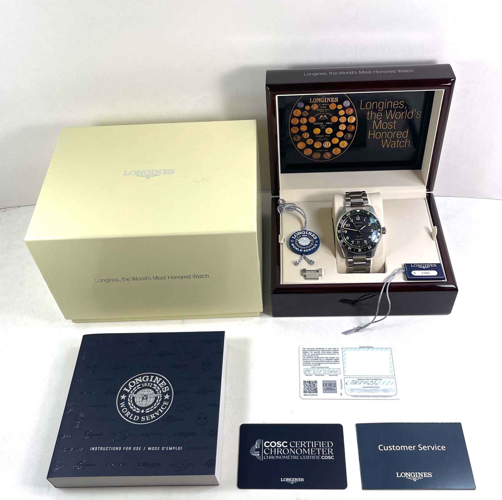 Longines Spirit Zulu Time Gmt L38124636 42mm Green Bezel Box Papers