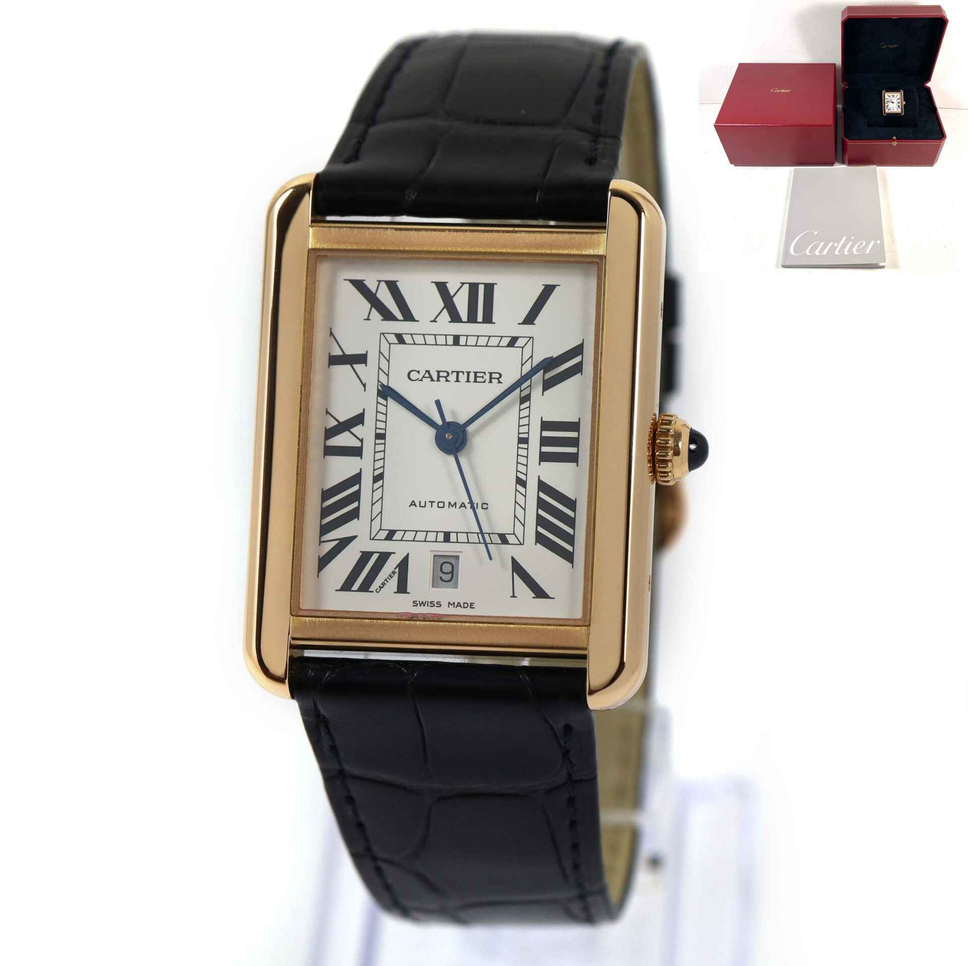 Cartier Tank Solo XL Rose Gold Silver Dial Steel Mens Watch W5200026