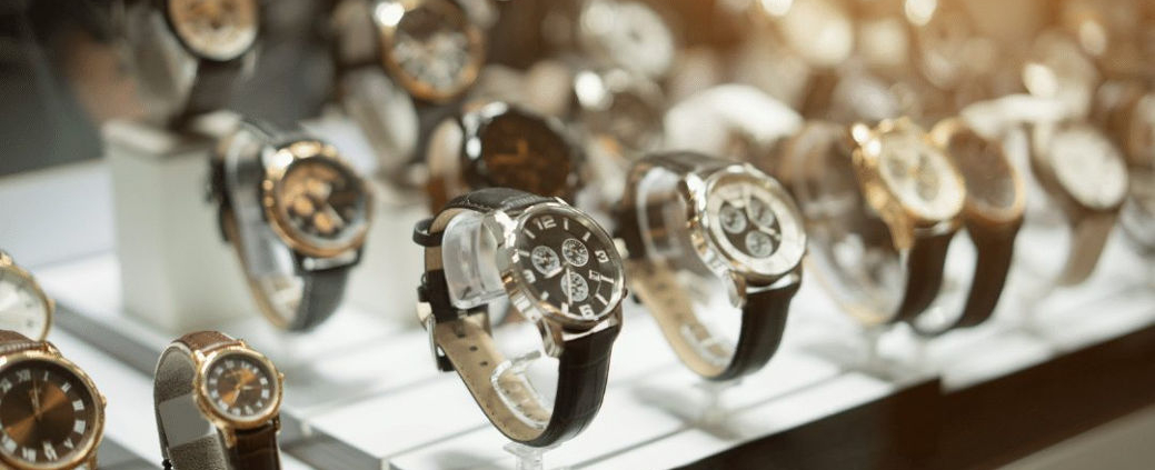 Luxury watches displayed in a jewelry store near Philadelphia, showcasing high-end timepieces available for appraisal and purchase.