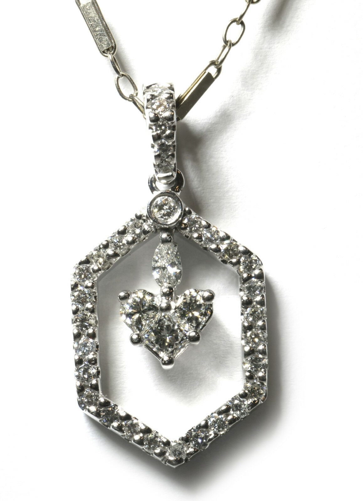 Diamond Surrounded Dangling Heart Pendant Necklace in 18k White Gold