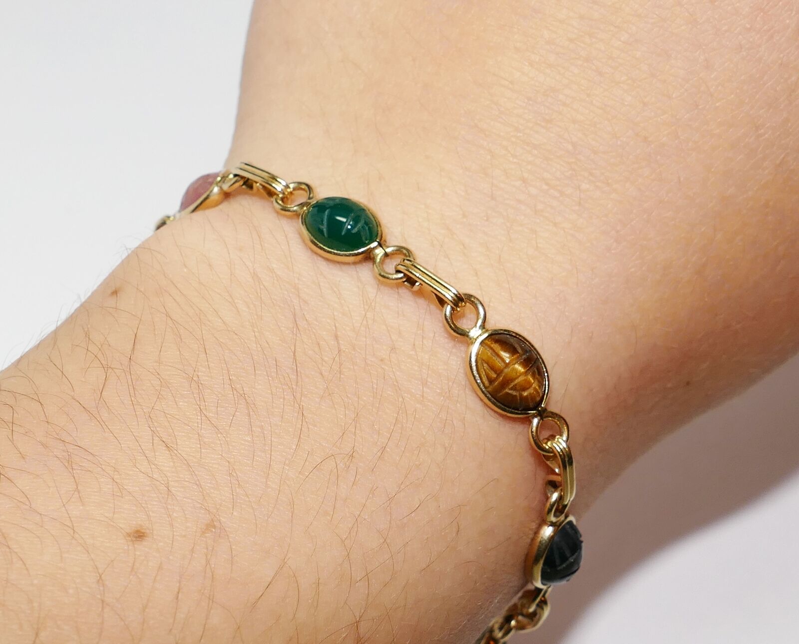 Scarab Bracelet - Multi-Colored Stone - 14k Yellow Gold - 6.7 Grams